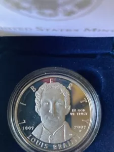 2009 P Proof Louis Braille Commemorative Silver Dollar, USA $1 Coin, Box & COA - Picture 1 of 2