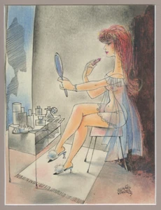 Nude woman w lipstick by vanity mirror fun vintage drawing by Gunars Vindedzis - Picture 1 of 1