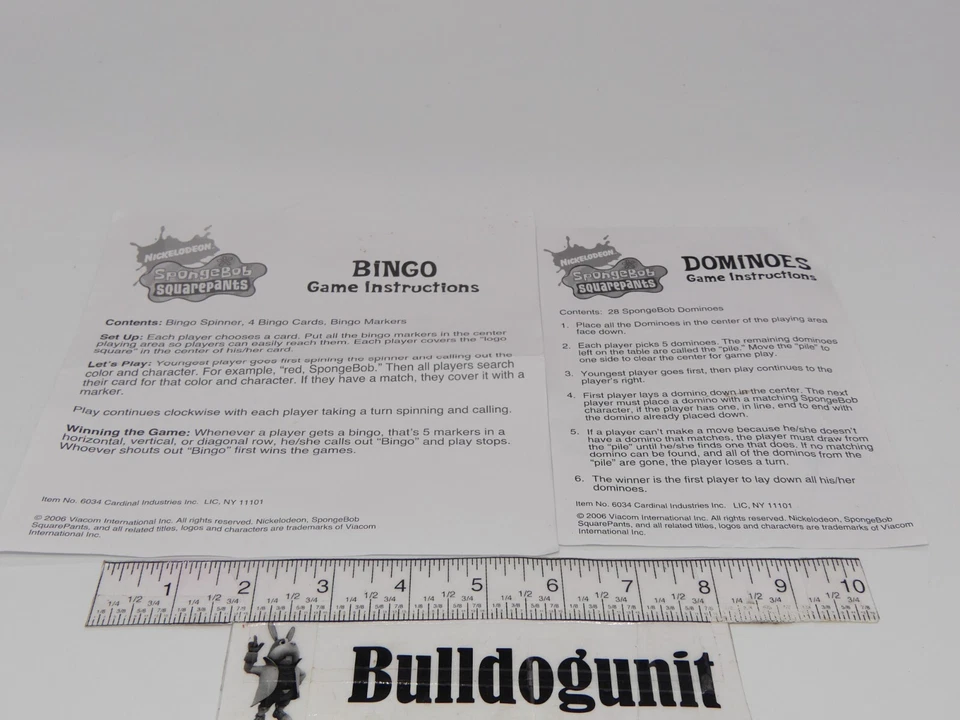 2006 Spongebob Squarepants Dominoes & Bingo Game Instruction Manual Rules Only - Image 1 of 1
