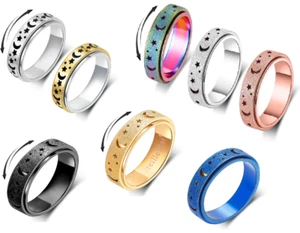 Stainless Steel Spinner Anxiety Fidget Rings Set for Women - Moon & Star Design - Picture 1 of 24