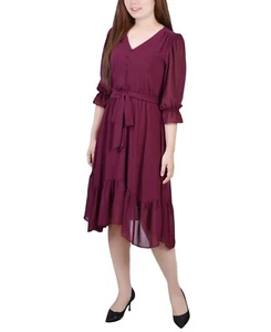 NY Collection Petite 3/4 Sleeve V-neck Flounced Dress Women's PL Wine Tie Belt - Picture 1 of 15