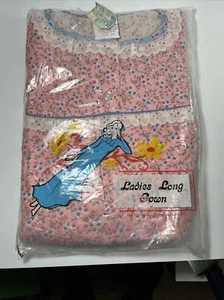 Ladies Long Sleep Gown Size 46 Pink Floral Blue Lace On Collar NOS USA NOS 80’s - Picture 1 of 8