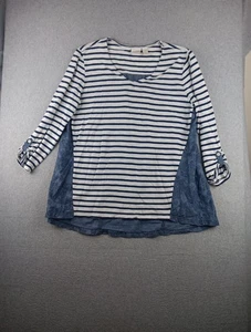 Chico's 2 Tunic Top Women's Blue 3/4 Tab Roll Sleeve 2 Pattern Floral Stripe - Picture 1 of 8