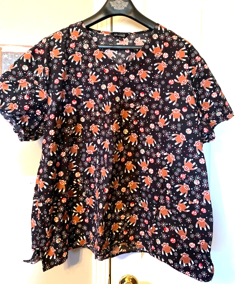 ZOE + CHLOE Womens Christmas Sock Monkey Design Uniform Scrub Top Size 3X - Image 1 of 1