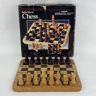 Vintage 1993 FAO Schwarz Solid Oak Finish Board Wood Chess Set By Cardinal - Image 1 of 4