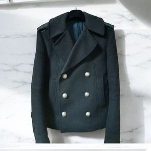 Balmain P Coat, Navy Blue, Epaulets, Size 44, Handmade Details, Used - Picture 1 of 9