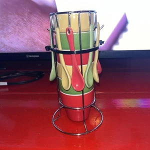 Kirkland Set of 6 Multi Colored Espresso Cups w/spoons In Metal Holder - Picture 1 of 3