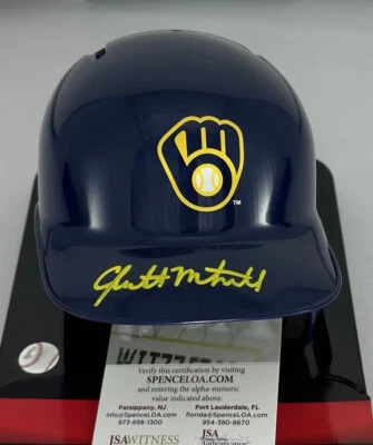Brewers Outifelder GARRETT MITCHELL Signed Rawlings BLUE Mini Helmet AUTO - JSA - Image 1 of 2