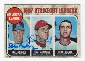 Autographed JIM LONBORG and SAM MCDOWELL 1968 Topps Card, #12 w/ COA