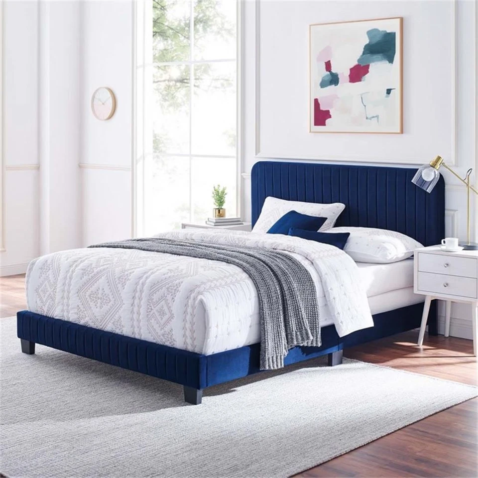 Modway Furniture Celine Channel Tufted Velvet King Bed Navy -MOD-6329-NAV