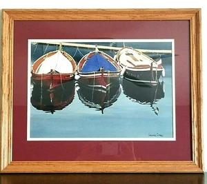 Impresión artística mate enmarcada LAURIE CHASE 3 barcos en puerto náutico 18" H x 22" W * - Imagen 1 de 8