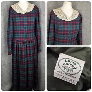Laura Ashley Tartan Check Wool Blend Collared Midi Dress Vintage UK 14 Made GB - Picture 1 of 24
