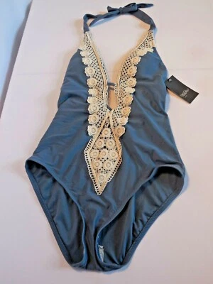 Terno de banho Target Mossimo feminino peça única azul tamanho pequeno sexy profundo V renda $40 novo com etiquetas - Imagem 1 de 4