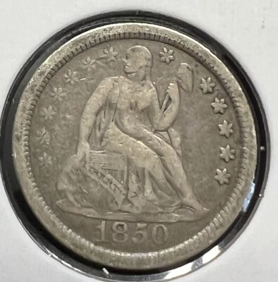 1850 SEATED LIBERTY SILVER DIME GRADES FINE+ ACTUAL COIN #2430 - Image 1 of 2