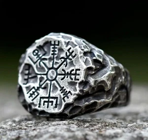 EDELSTAHL Wikinger Ring Siegelring  Vegvísir , Antik-Look - Picture 1 of 11