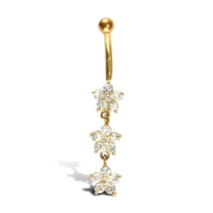 9ct Gold Belly Bar SOLID 9ct GOLD Genuine Belly Bar - Flower Drop Design - Picture 1 of 11