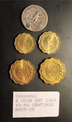 PARAGUAY-1953- 4 COIN BU SET-10-50 CENTIMOS NICKEL/BRASS  KM#S 25,26,27,28. ICK - Image 1 of 3