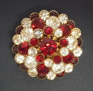 Red White Rhinestone Domed Stacked Brooch Star Pin Round Chunky Vintage Glass - Picture 1 of 22