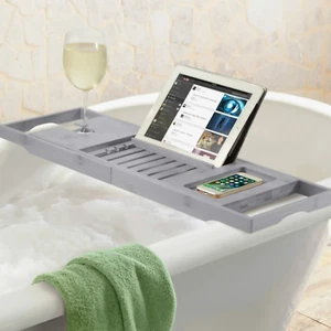Vassoio caddy in legno vassoio da bagno in bambù estensibile bagno marrone NUOVO - Foto 1 di 6