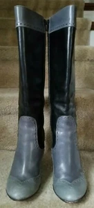 Max Monelli schwarz/grau Leder kniehoch Brogue Cutout Kegelabsatz Stiefel Größe 7 - Bild 1 von 12