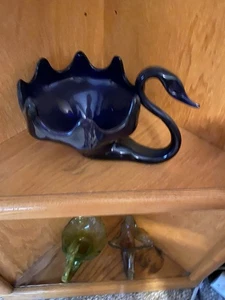 Vintage Cobalt Blue Glass Swan Centerpiece Planter Bowl Decorative Blown Glass - Picture 1 of 5