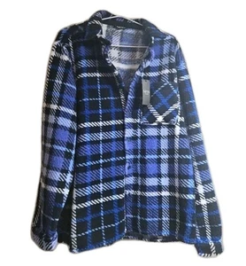 Boohoo Man Check Borg Overshirt Size Medium Blue Black White Teddy Fur - Picture 1 of 15