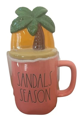 NEW Rae Dunn Sandals Season Coffee Mug Palm Tree Topper Lid NIB Pink - Image 1 of 2