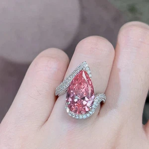 Silver Plated Anti Tarnish Crushed Ice Cut Padparadscha Sapphire Teardrop Ring - Picture 1 of 6