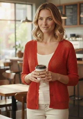 Cárdigan Suéter Rafaella Rojo Nuevo con Etiquetas S Mezcla de Lino Tejido Transparente Cuello en V Vacaciones Foto 1 de 4