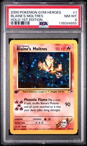 Blaine'S Moltres Holo-1ª Edición Pokemon Gym Heroes 1 Casi Nuevo PSA Casi Nuevo-Como Nuevo 8 Remolinos - Imagen 1 de 2