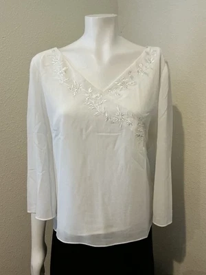 Blusa Top Danny&Nicole Cuello en V Manga 3/4 Blanca Bordada Gasa Talla 12 NUEVA CON ETIQUETAS Foto 1 de 4