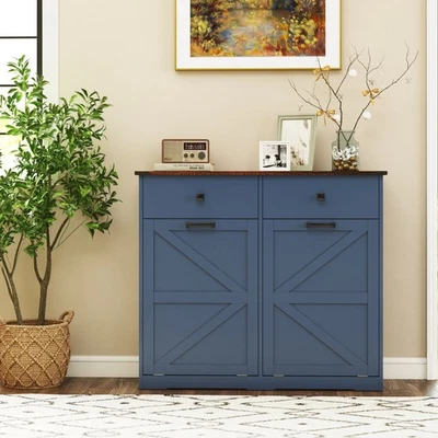 Barn Door Style Laundry Sorter Cabinet, Tilt Out Trash Cabinet for Kitchen Blue - Image 1 of 4