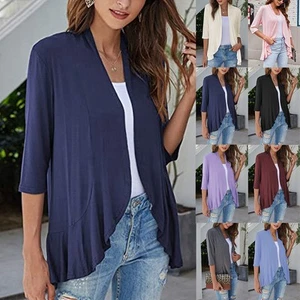 Women's Ladies Hanky Hem Waterfall Cardigans Open Shrug 3/4 Sleeve Jacket Tops - Picture 1 of 27