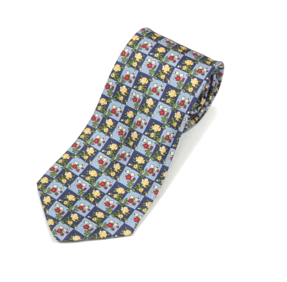 Corbata de cuello de seda vintage para hombre Burberrys azul floral amarillo rojo rosa a cuadros Foto 1 de 4