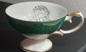 Old Porcelain Teacup, Lefton, Green w/Cherubs & Filigree - Gold Accents w/Label - Picture 1 of 17
