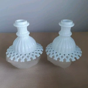 (2) Westmoreland Milk Glass Lattice Edge Candlestick Holders Pair White - Picture 1 of 6