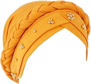 African Women Turban Cap Twisted Beaded Braid Head Wraps Pre-Tied Yellow - Picture 1 of 8