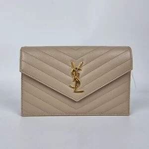 SAINT LAURENT Cassandre Envelope Dark Beige Grained Leather Chain Wallet New - Picture 1 of 11