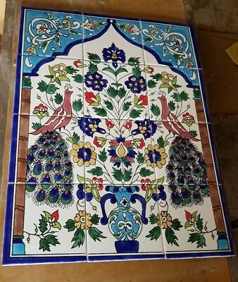 Mural de 12 azulejos de cerámica pintados a mano de pavos reales grandes Foto 1 de 3