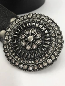 FOSSIL Belt Embossed Leather Silver Metal Rhinestone Buckle Large 43” Length - Picture 1 of 12