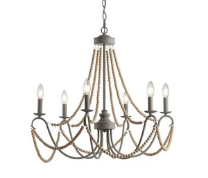 JONATHAN Y JYL9060A Rustica 6-Light 27" Adjustable Greige Metal/Wood Bead LED - Picture 1 of 2