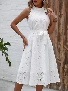 Midikleid weiß Häkelspitze Ösen griechischer Ausschnitt Gürtel Bindeband Taille - Bild 1 von 5