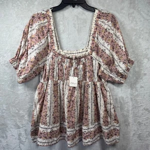 Free People NEW Women Top S Pullover Brown Floral Print Short Sleeve Cotton Boho - Picture 1 of 11