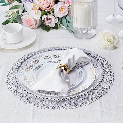 6 SILVER 15" wide Round Vinyl String Placemats Party Wedding Decorations - Image 1 of 4