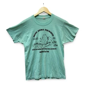Vintage Send More Tourists Montana Men Shirt Small Blue Funny Humor Bear 80s USA - Picture 1 of 10