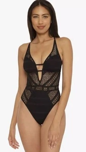 BECCA Women's Color Play Black One Piece Swimsuit Plunge Neck Crochet Sz: Large - Picture 1 of 11