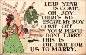 Leap Year Oh Joy Theres No Escape My Boy Woman Courting Man 1908 Postcard - Picture 1 of 2