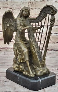 Music Theme Home Office Decoration: Heavenly Angel Harp Bronze Sculpture Decor - Picture 1 of 10