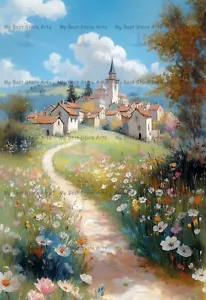 CHARMING VILLAGE IN SPRING ART PRINT, Cottagecore Decor, Farmhouse Poster, E035 - Picture 1 of 4