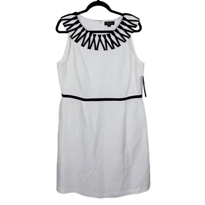 Tahari ASL Dress Size 16 White Black Lattice Neckline Sleeveless Linen Blend New - Image 1 of 4
